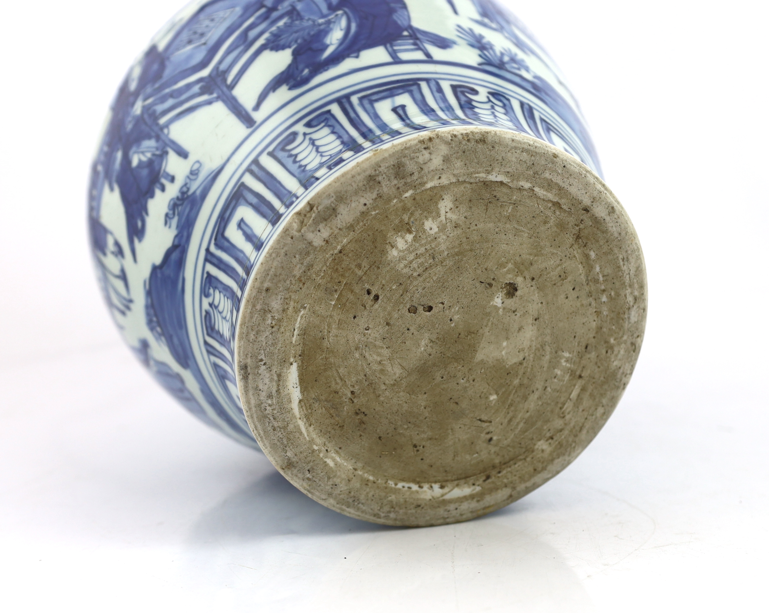 A Chinese Ming blue and white ‘scholars’ jar, guan, Wanli period (1572-1620), broken around base and restuck